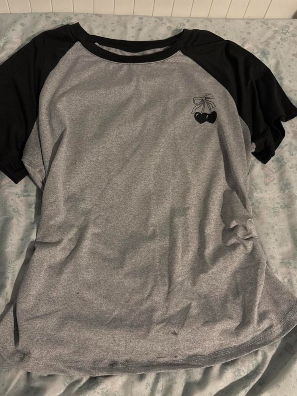 Grey and black cherry print t-shirt #cherry #graphictee has dried super glue whi